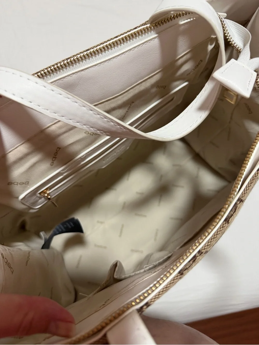 bebe Beige Logo Tote with White Handles